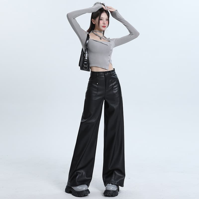 ダンス衣装 ヒップホップ 合成皮革ワイドパンツとへそ出しトップスセット